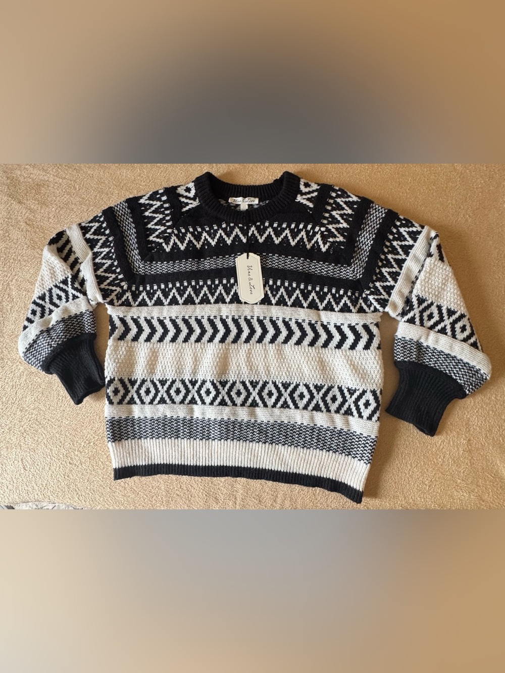 Vine & Love Black and White Geometric Crewneck Sweater